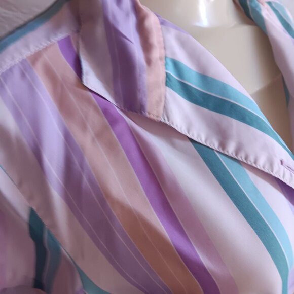 Women's large Vintage 70's Striped Button-Up Blouse Pastel Purple/Teal Stripes - Picture 4 of 7